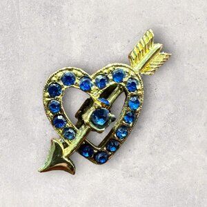 Heart and Arrow Brooch Gold Tone Blue‎ Rhinestone Vintage Pin